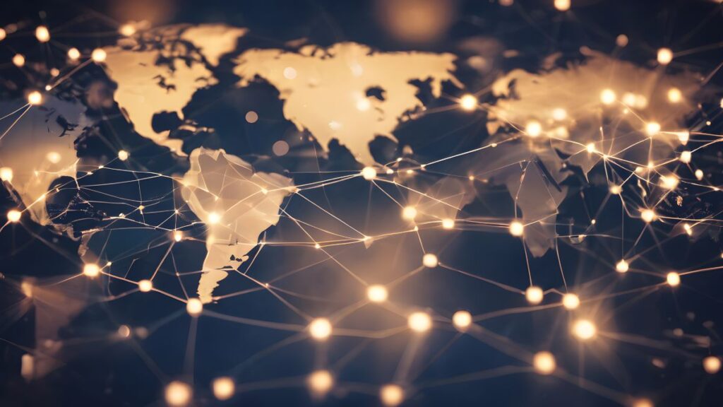 Abstract golden world map with illuminated connection points symbolizing diversified global investments across regions in 2026.