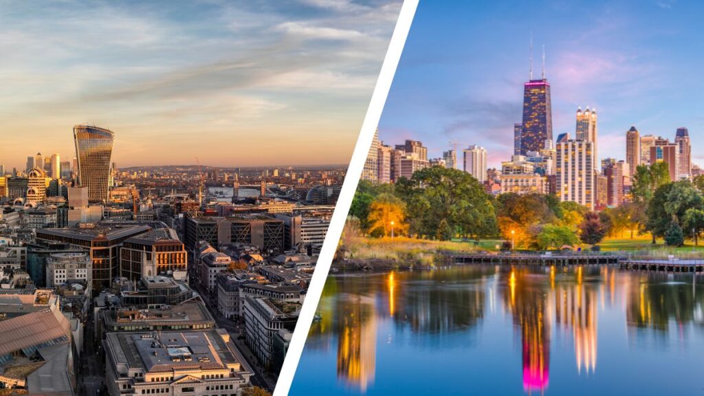 Split view of London and Chicago skylines symbolizing UK-US property and investment management.