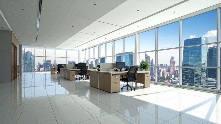 Modern office overlooking a city skyline representing UK professionals working in the US