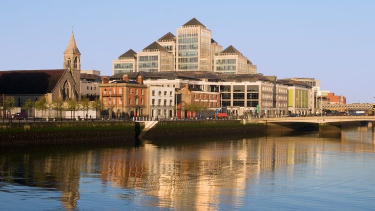Dublin riverfront and modern office buildings in Ireland