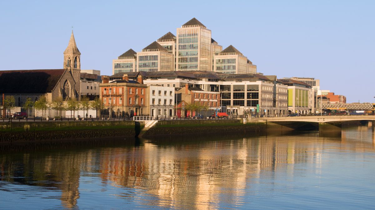 Dublin riverfront and modern office buildings in Ireland