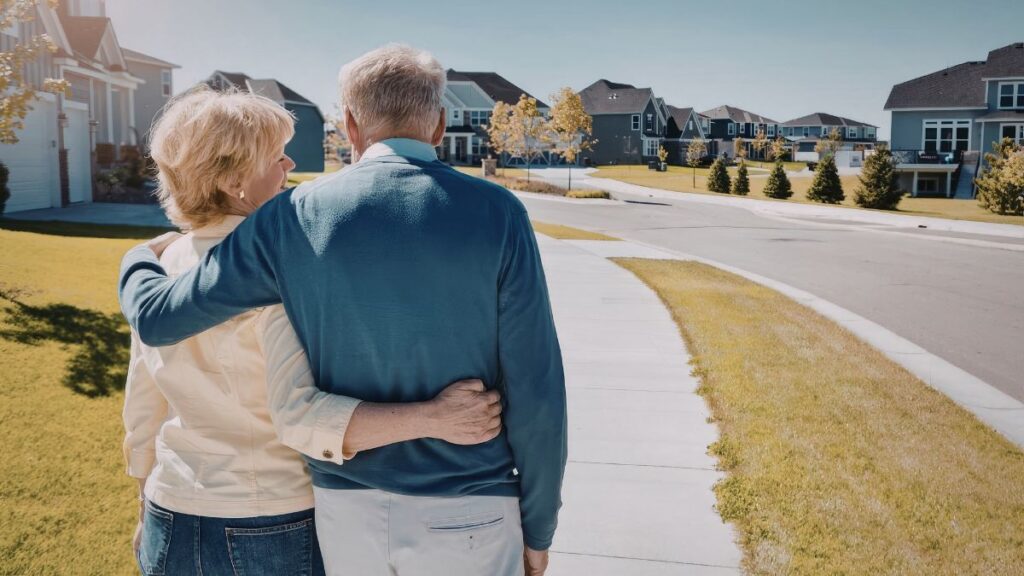 Older couple walking through a suburban US neighborhood